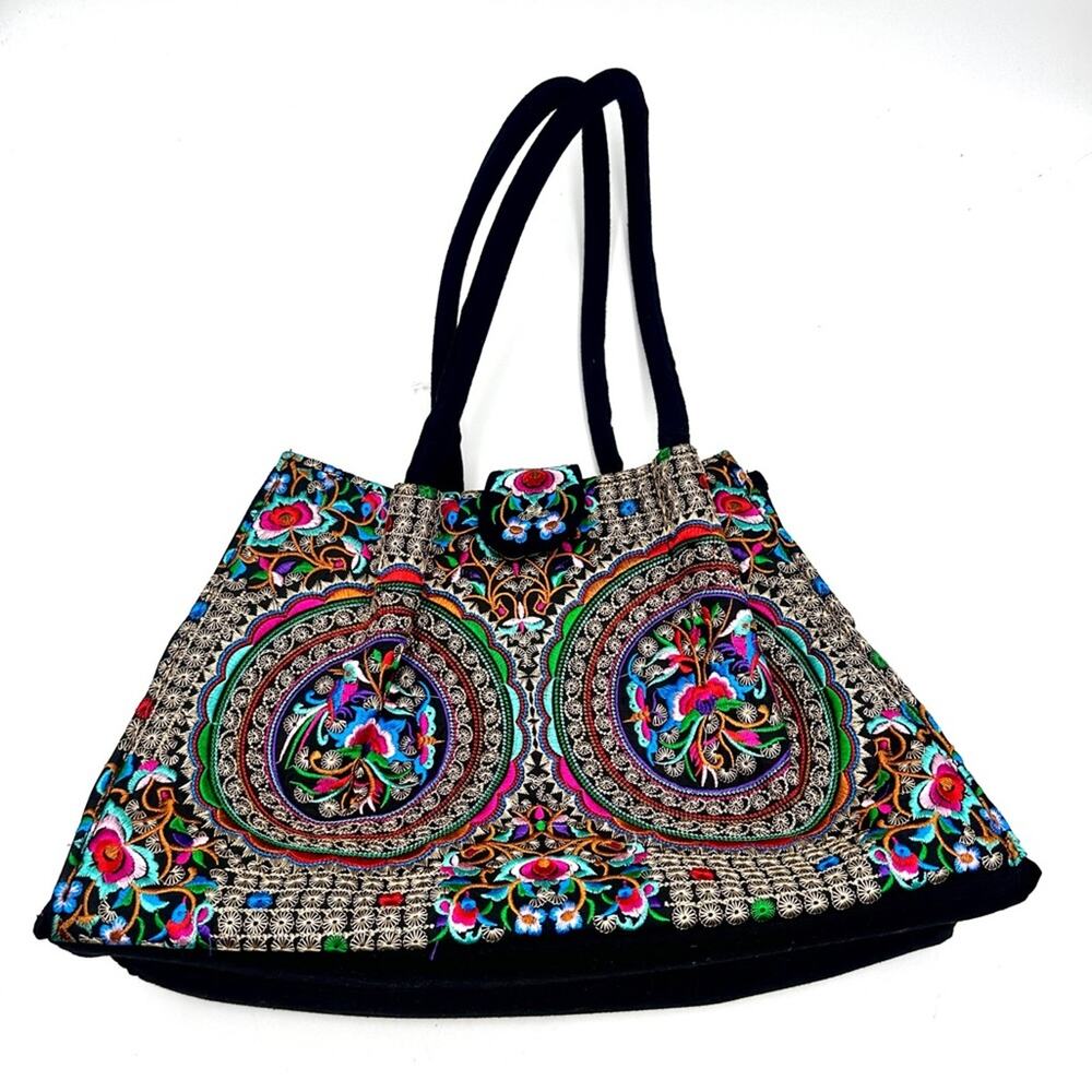 Ethnic Style Embroidered Floral Canvas Tote Women Top Handle Shoulder Handbag